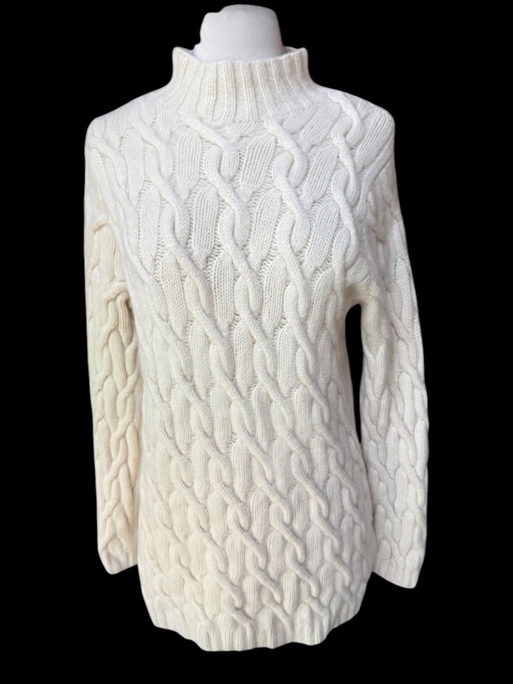 1990s Lands’ End 100% Cashmere Rich Ivory Vertical Rope Cable Knit Mock Neck Swe